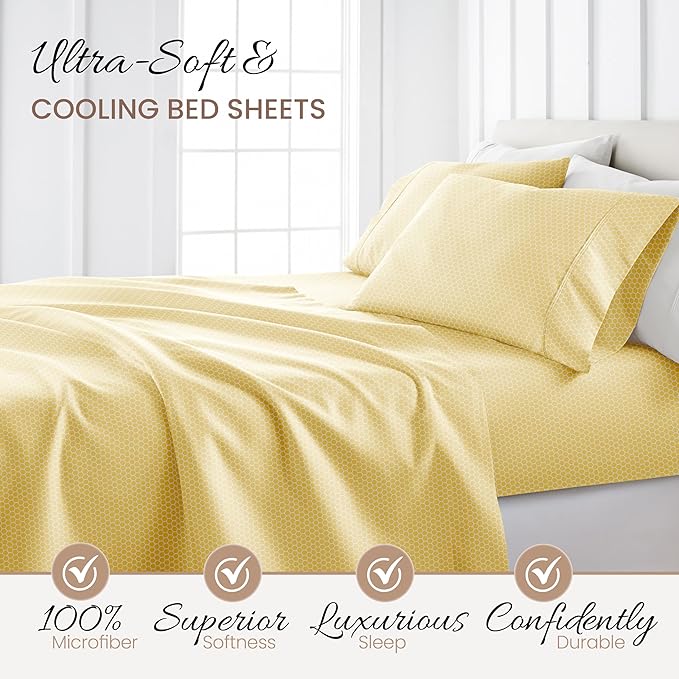 Linen Market Patterned Microfiber Full Sheet Set 4 Piece – Oeko-TEX Certified Ultra Soft & Wrinkle-Free - 16" Deep Pocket Sheets - Easy Care Full Size - Honeycomb Yellow