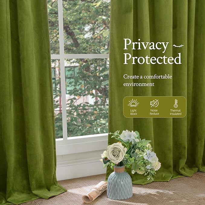 LAMIT Moss Green Velvet Curtains for Living Room, 120 Inches Thermal Insulated Room Darkening Panels Super Soft Back Tab and Rod Pocket Window Drapes for Bedroom, 2 Panels, 52 x 120 Inch