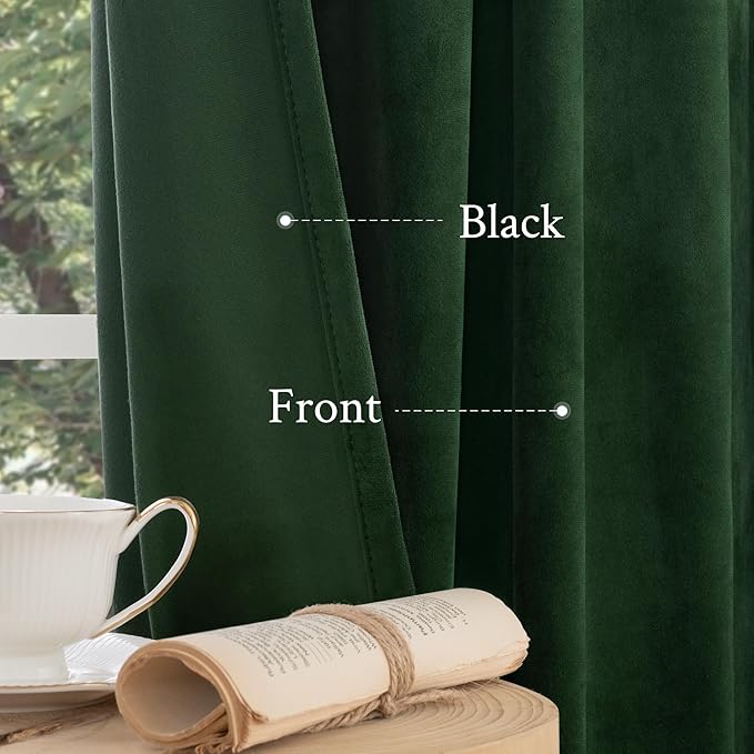 LAMIT Velvet Curtains 108 Inch for Living Room, Thermal Room Darkening Panels Noise Reducing Back Tab and Rod Pocket Christmas Drapes for Bedroom, Set of 2 Panels, Emerald Green, 52 x 108 Inch