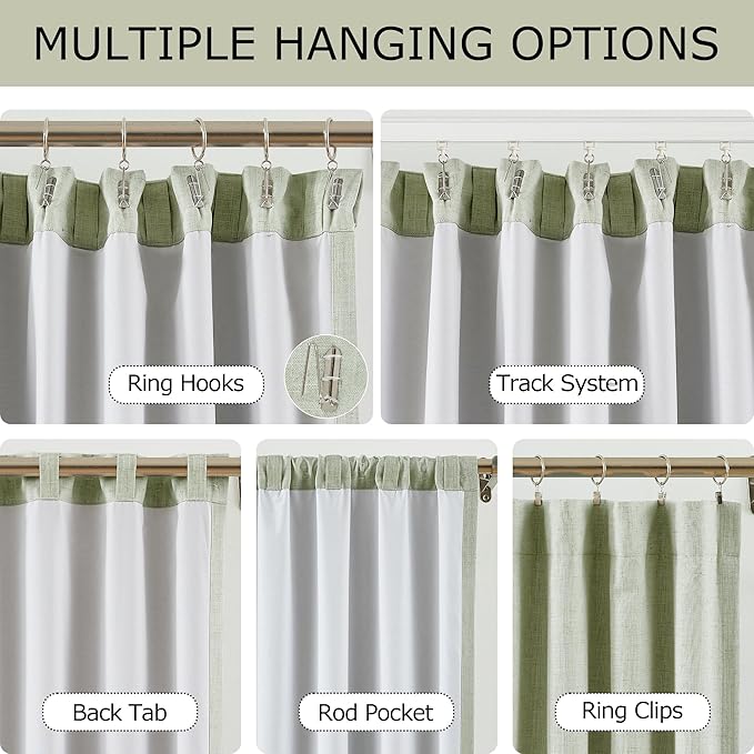 Vision Home Light Green Linen Full Blackout Curtains for Bedroom Living Room Darkening Energy Efficient Window Panels 72 inch Thermal Insulated Rod Pocket Back Tab Linen Drapes 56" Wx72 Lx2