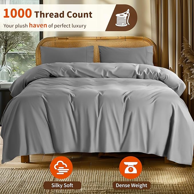 LBRO2M 100% Cotton Sheets Set Deep Pocket 24", 1000 Thread Count King Size 4 Piece Bed Sheet Sets Soft Comfortable Bedding All Season (King, Gray)