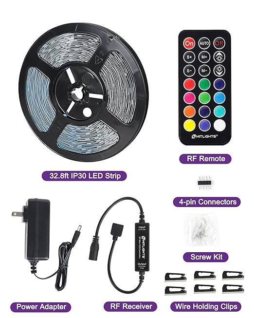 32.8ft LED Strip Lights, HitLights RGB 5050 Color Changing LED Light Kit Ultra Brighter 300LEDs Flexible Light Strips with RF Remote and UL Power Supply for Home Room Party TV Bedroom
