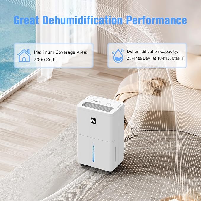 25 Pint Dehumidifier for Basement, Up to 3000 Sq.Ft, Quiet Dehumidifier with Drain Hose, Humidity Control, 24H Timer, Ideal for Bedroom, Bathroom, Room