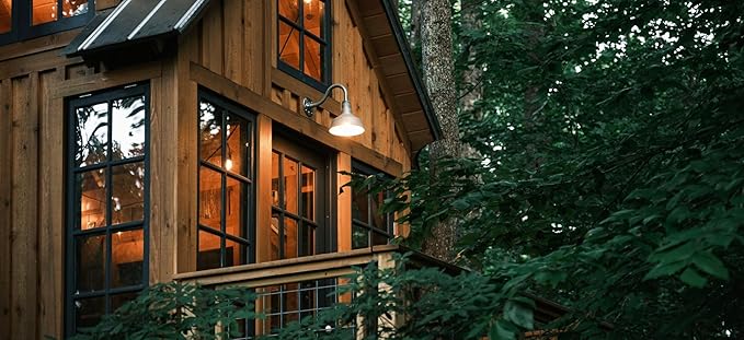 Steel Lighting Co. Hawthorne Barn Light | Outdoor Wall Mounted | 8 inch Dome | 11" Gooseneck | Small Farmhouse Light Made in America | Gray Blue Exterior/Brass Interior