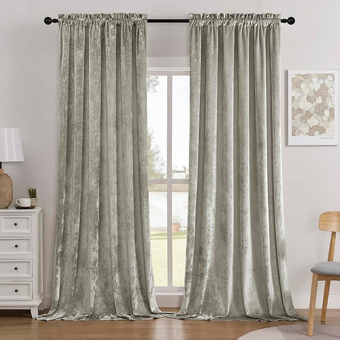 SMILETIME Silver Grey Crushed Velvet Curtains 52x84inch Rod Pocket Luxurious Thermal Insulated Soundproof Drapes Soft and Durable Light-Filtering Window Treatments for Living Room Bedroom, 2 Panels
