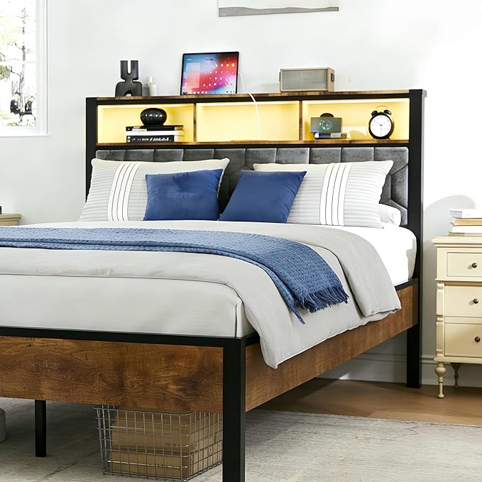 Queen Size Bed Frame with Storage Headboard & Charging Station, Platform Bedframe with LED Lights, Upholstered Headboard, Metal Slat Support, No Box Spring Needed