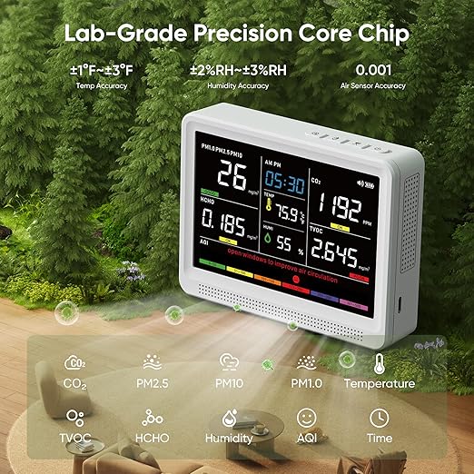 bonoch Upgrade 16 in 1 Air Quality Monitor Indoor 15h Battery & 5.5" Display 9 AQI+7 AQI Alerts, CO2 Monitor Air Quality Tester for CO2, TVOC, PM2.5 PM1.0 PM10, HCHO Temperature Humidity AQI & Time