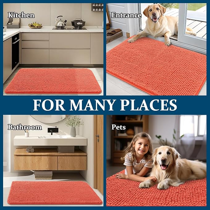 OLANLY Dog Door Mat for Muddy Paws 48x30, Absorbs Moisture and Dirt, Absorbent Non-Slip Washable Doormat, Quick Dry Chenille Mud Mat for Dogs, Entry Indoor Entryway Carpet for Inside Floor, Coral