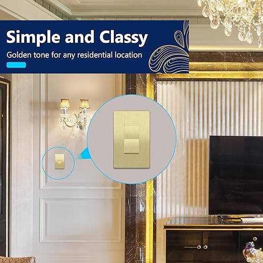 LIDER Brushed Gold Minimalist Design Decorator Switch with Screwless Wall Plate, Frameless Wall Light Switch, On/Off Rocker Switch, Single Pole, Residential Grade, 3 Wire, 15A 120-277VAC