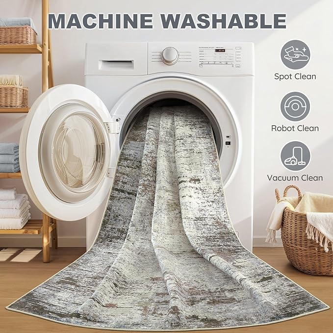 Area Rug Living Room Rugs - 10x12 Washable Large Soft Indoor Neutral Modern Abstract Low Pile Rug Carpet for Bedroom Dining Room Farmhouse Home Office - Brown Rust