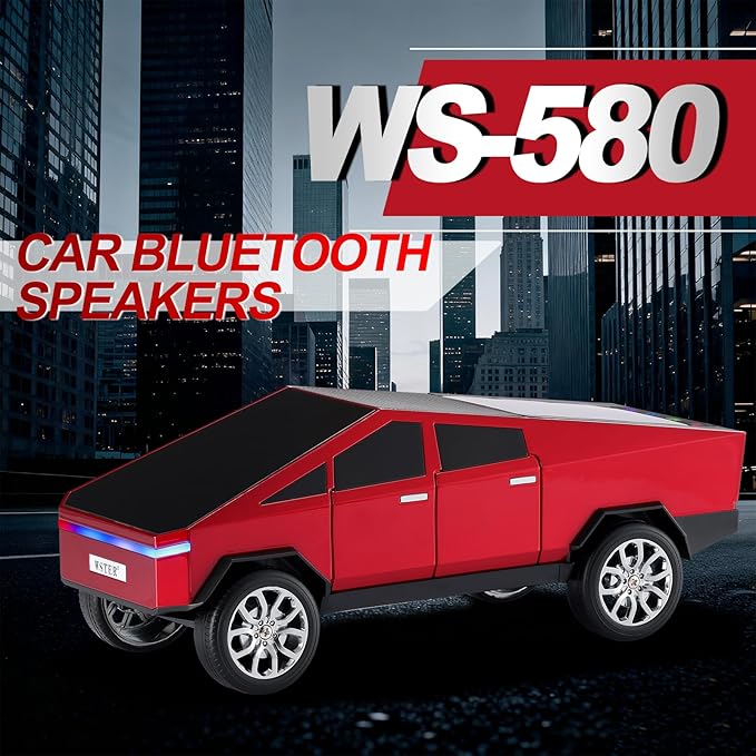 WSTER Futuristic Pickup Truck Bluetooth Speaker with LED Display Screen – Practical Gift Choice for Car Model Fans & Audio Users, TWS Stereo, FM Radio, USB/TF Playback, Front LED Headlights, Mic(RED)