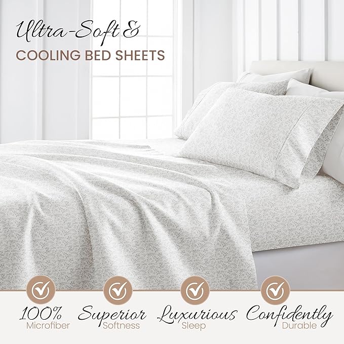 Linen Market Double-Brushed Patterned Microfiber Queen Sheet Set 4 Piece – Oeko-TEX Certified Ultra Soft & Wrinkle-Free - 16" Deep Pocket Sheets - Easy Care Queen Size - Burst of Vines Light Gray
