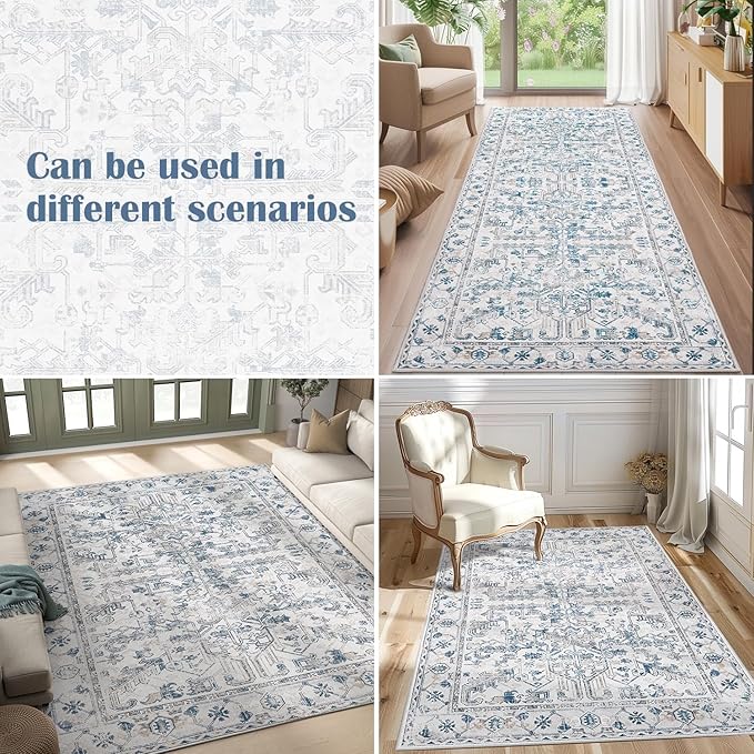 jinchan Lima Vintage Area Rug 3x5 for Entryway - Machine Washable Stain Resistant Non-Slip Low Pile Ultra-Thin Floral Print Indoor Rug for Kitchen Bedroom Living Room (3x5ft, Blue)