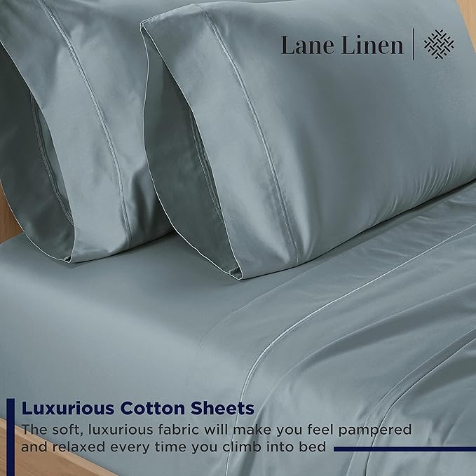 LANE LINEN King Bed Sheets – 600 Thread Count Long-Staple 100% Cotton King Size Bed Sheets, Hotel Luxury Soft Silky Sateen Weave, Durable for Daily Use, Fully Elasticized 15" Deep Pocket – Blue