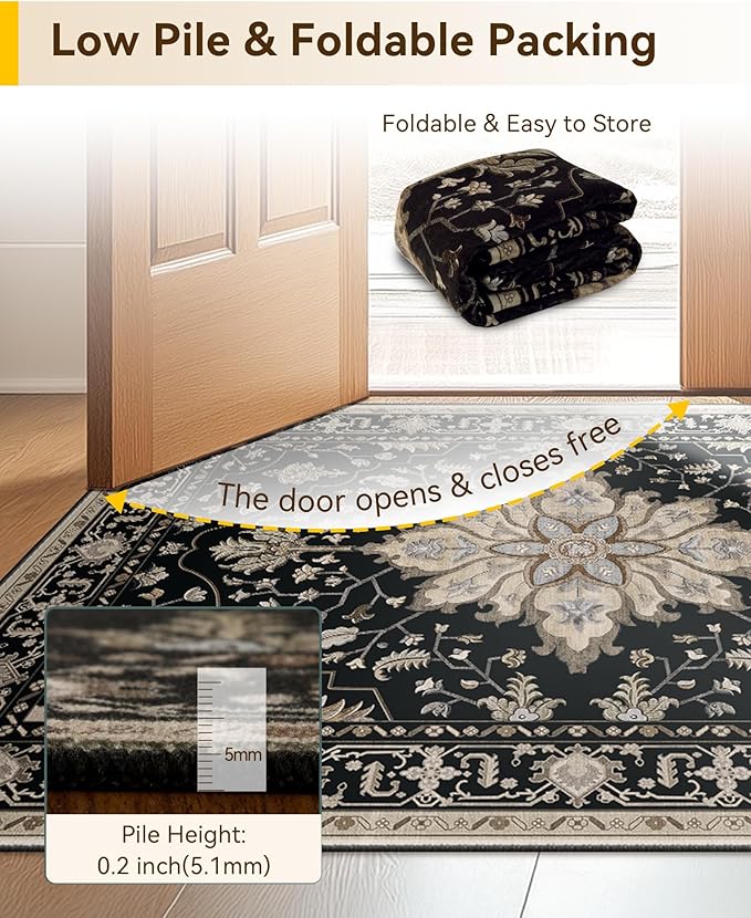 Area Rugs 2'6''x14' Washable Non-Slip, Floral Vintage Distress Print Pattern Medallion Carpet for Living Room Bedroom Dining Room, Black Brown Neutral Dark Tan