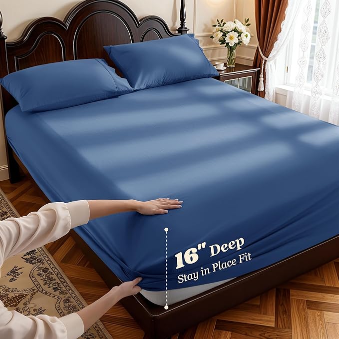 LBRO2M 1000 Thread Count 100% Cotton Sheets Set,California King Size Bed Sheet 4 Piece Sets,Long Staple,16 Inches Deep Pocket,All Season,Bedding Super Soft Comforterble Breathable(Navy Blue)