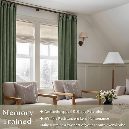 80 Inches Long Olive Green Linen Curtains for Living Room Pinch Pleat Hooks for Living Room Back Tab Thick Linen Textured Pleated Drapes Light Filtering Loden Bedroom Window Curtains 80 Inch Length