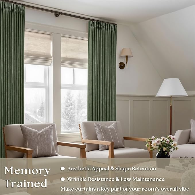 Olive Green Pinch Pleated Linen Curtains 92 Inches Long 2 Panels for Living Room Bedroom Semi Sheer Pinch Pleat Drapes with Hooks Rings Boho Farmhouse Light Filtering Window Curtain 40x92