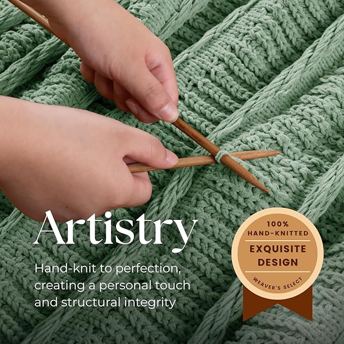Boho Knitted Chenille Blanket with Tassels - Lightweight & Soft All-Season Throw - 3D Classic Pattern for Living Room Bedroom Couch, Sage Green, King 90"x108"