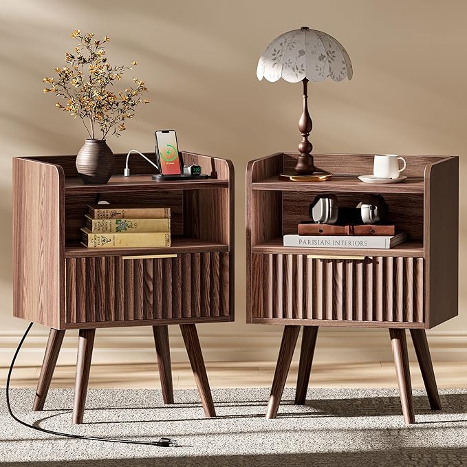 Huuger Nightstand with Charging Station, USB-C Port, Fluted Night Stand Set of 2, Bed Side Table with Drawer, Solid Wood Feet, Open Storage, End Table with Raised Edge, for Bedroom, Walnut