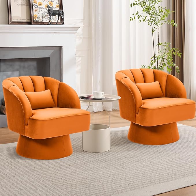 GarveeHome Modern Swivel Barrel Accent Chair, 360° Velvet Upholstered Armchair with Striped Backrest & Plush Padding, Comfy Round Lounge Chair (1, Orange + Velvet)