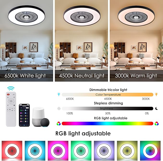 HUMHOLD 24" Bladeless Ceiling Fans with Lights and Remote/APP/Voice Control, Low Profile Ceiling Fan with RGB Lights, Enclosed Flush Mount Ceiling Fan for Kid's Bedroom/Living Room