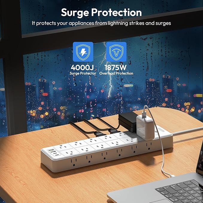 24 Widely Outlets Extension Cord 15 Ft NTONPOWER Long Extension Cord Surge Protector with 4 USB Ports,15A/1875W Power Strips with Surge Protection 4000J, Wall Mount Holes for Home, Office(White)