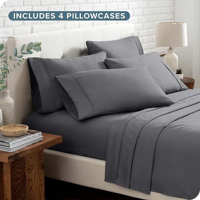 Bare Home Hotel Luxury Cal King Sheet Set, Extra Soft, 6 Piece Set, Deep Pockets, Easy Fit, Cooling & Breathable, Wrinkle, Fade, Stain Resistant, Includes 4 Pillowcases (California King, Grey)