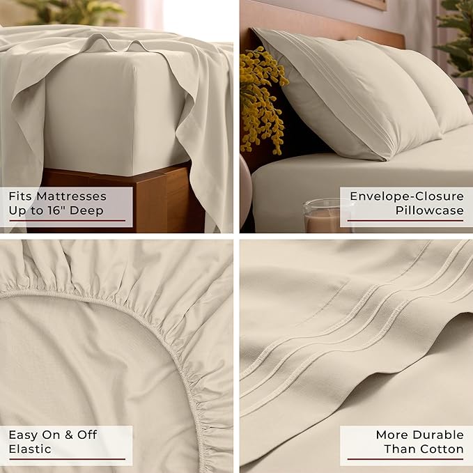 Mellanni Queen Sheet Set - 6-Piece Iconic Collection Bedding, (Including 4 Pillowcases), 16-Inch Deep Pocket, Easy Care, Extra Soft, Cooling Sheets, Brushed Microfiber - Beige