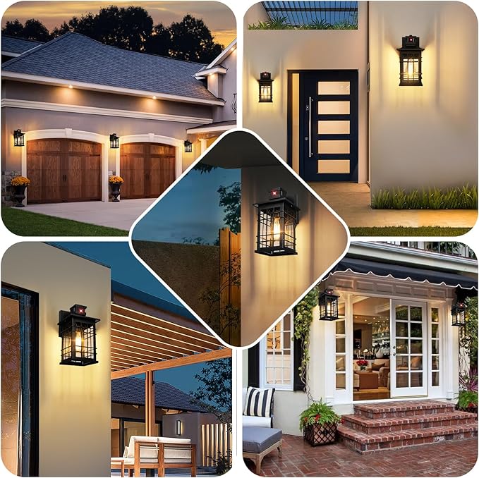 Motion Sensor Outdoor Wall Light Black, Dusk to Dawn Outside Porch Light Fixture Wall Mount, Waterproof Exterior Light Fixture with Seeded Glass, Matte Black Wall Sconce Lantern for House Patio Garage