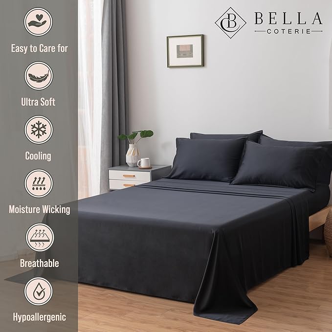 Bella Coterie 6 Piece Luxury Bamboo Viscose Queen Size Sheet Set | 100% Organically Grown | Cooling for Hot Sleepers | 18" Deep Pocket | Soft & Hypoallergenic | 4 Pillowcases [Black]