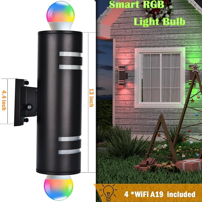 rosykite Smart Outdoor Wall Lights Color Changing 2 Pack, RGB+2700K-6500K Modern Exterior Lighting Fixtures Cylinder Outside Wall Sconce with Glass, WiFi APP Control Up Down Outdoor Porch Lights