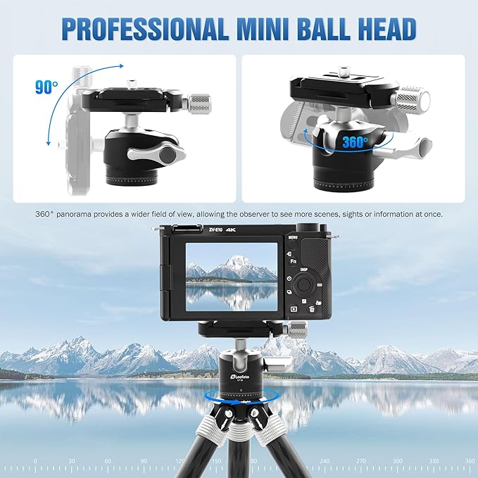 LEOFOTO Carbon Fiber Mini Table Tripod with Ball Head for Camera, Lightweight Desktop Tripod with Base, 1/4" Arca QR Plate for Phone Adaptor/Projector, Max Height 10.43", Max Load 11LB, MT-02C Plus
