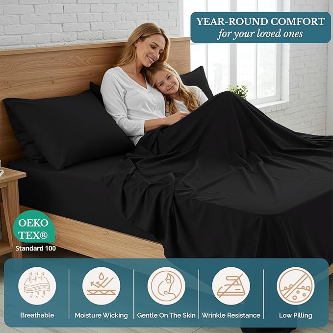 Casa Platino Twin Bed Sheet Set, Pre-Washed Twin Sheets Set, 3 Piece Set, Ultra Soft & Breathable Sheets, Brushed Microfiber Bedding with 15-Inch Deep Pockets, Bunk Bed Sheets – Black