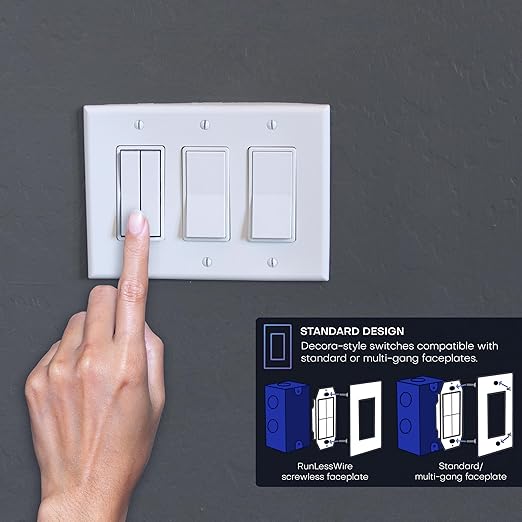 RunLessWire 3-Way Fan & Light Battery-Free DIY Kinetic Wireless Light Switch Kit for Bathrooms & Ceiling Fans: 2 Dual Remote Switches, Both Control 2 5A On/Off Receivers Separately – Black
