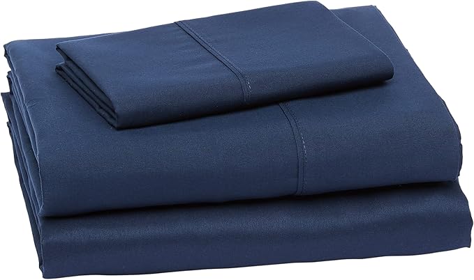 Amazon Basics Lightweight Super Soft Luxury Wrinkle Free Breathable Microfiber 3 Piece Fitted Sheet Set with 14-Inch Deep Pockets, Twin XL, Navy Blue, Solid