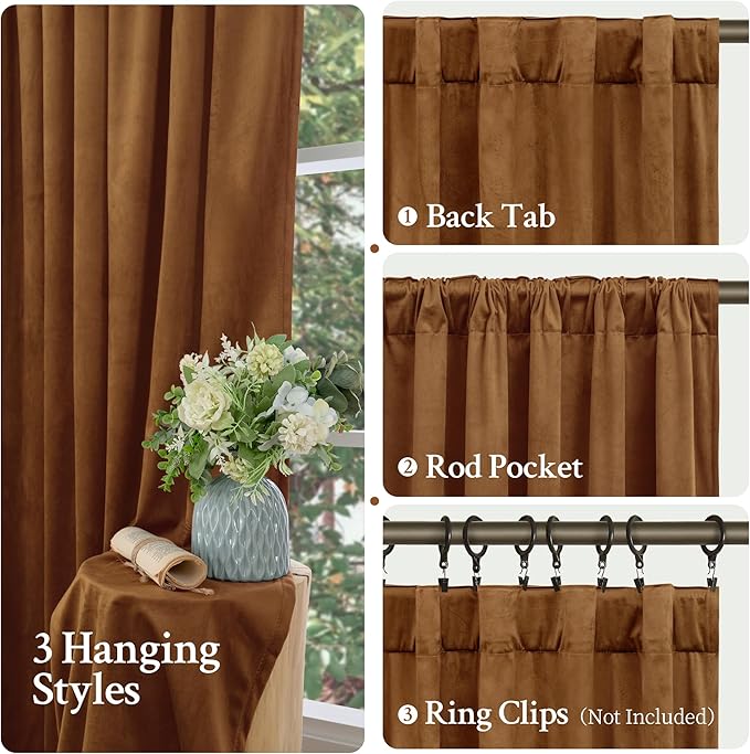 LAMIT Bronze Brown Velvet Curtains for Living Room 84 Inches Long, Luxury Thermal Blackout Drapes Mid Century Room Darkening Back Tab and Rod Pocket Panels for Bedroom, 2 Panels, 52 x 84 Inch