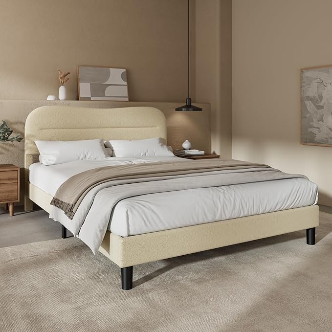 Queen Size Bed Frame with Headboard, upholstered Bed Frame Queen Size, Teddy Soft Boucle Fabric, Soft Cloud Marshmallow Shape Upholstered Headboard, No Box Spring Needed, Noise Free (Beige)