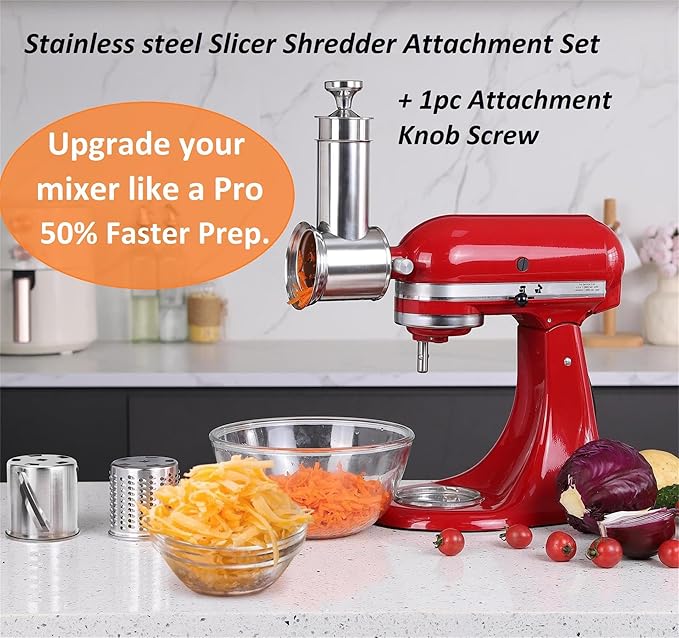 FavorKit Large Stainless Steel Slicer Shredder Attachment for KitchenAid Mixers, Dishwasher Safe Salad Maker, Cheese Grater Accessories with 3 Blades & 1 Knob Thumb Screw