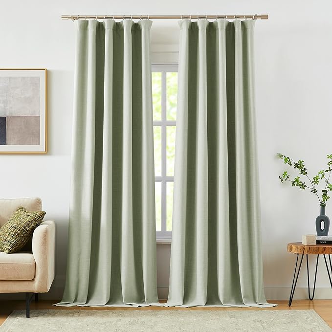 Vision Home Green Linen Full Blackout Curtains 120 inch for Bedroom Living Room Darkening Soundproof Window Panels Thermal Insulated Rod Pocket Back Tab Neutral Drapes 10FT 56" Wx120 Lx2