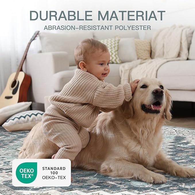 Washable Runner Hallway Rug,Low Pile 2x10 Non Slip Non-Shedding Kitchen Carpet Soft Indoor Stain Resistant Rug for Bedroom Laundry Room Bathroom Blue Beige Multi