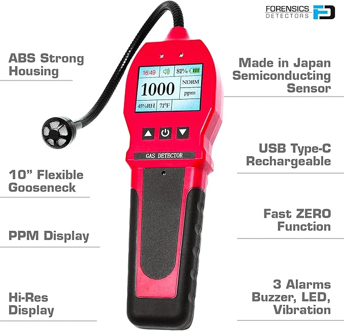 Gas Leak Detector by Forensics | 0-10,000ppm | Natural Gas, Propane, Methane & Combustibles | Super Fast 1 Second Response