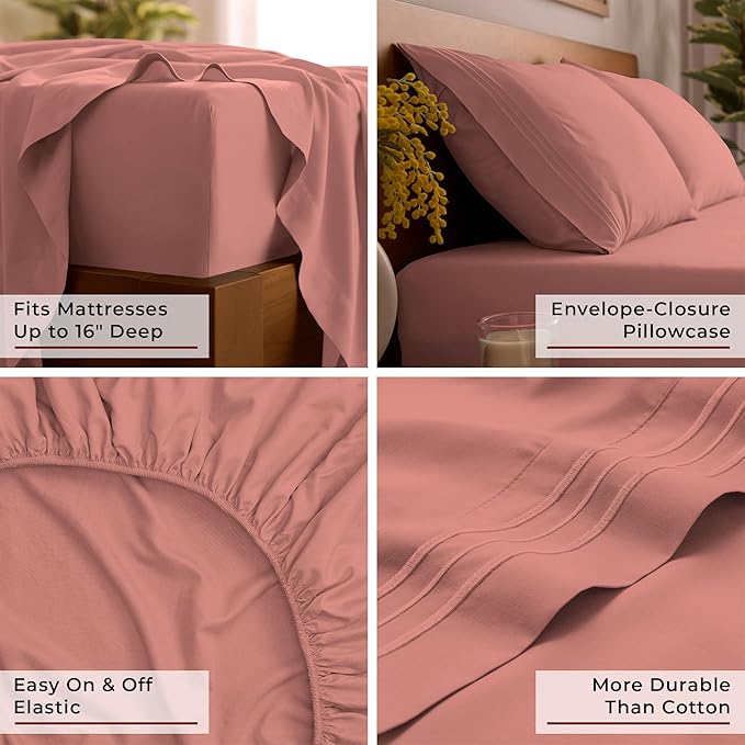 Mellanni King Sheet Set - 6-Piece Iconic Collection Bedding, (Including 4 Pillowcases), 16-Inch Deep Pocket, Easy Care, Extra Soft, Cooling Sheets, Brushed Microfiber - Coral