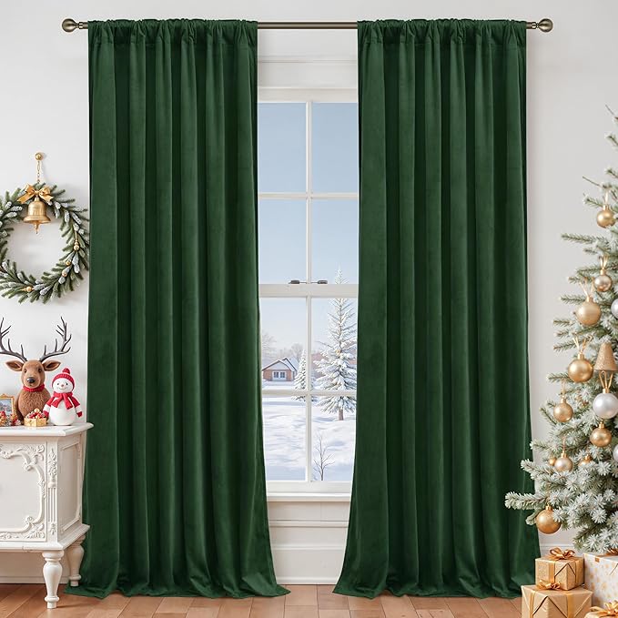 LAMIT Velvet Curtains 102 Inch for Living Room, Emerald Green Thermal Insulated Room Darkening Panels Soundproof Back Tab and Rod Pocket Christmas Drapes for Bedroom, Set of 2 Panels, 52 x 102 Inch