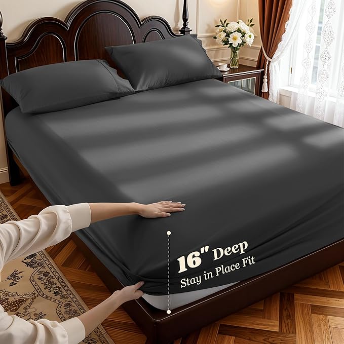 LBRO2M 1000 Thread Count 100% Egyptian Cotton Sheets Set,Queen Size Bed Sheet 4 Piece Sets,Long Staple,16 Inches Deep Pocket,All Season,Bedding Super Soft Comforterble Breathable,Sateen Weave (Black)