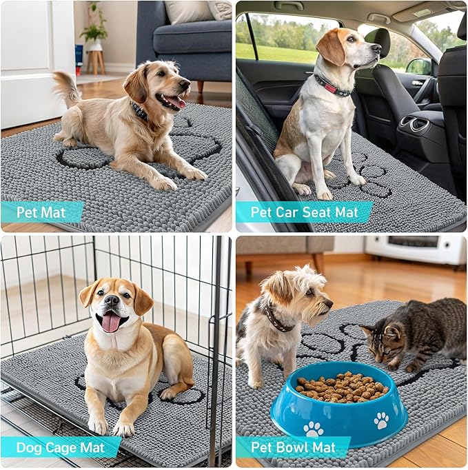 OLANLY Dog Door Mat for Muddy Paws 59x24, Paw Print Design, Absorbs Moisture and Dirt, Absorbent Non-Slip Washable Doormat, Quick Dry Chenille Mud Mat for Dogs, Entry Indoor Entryway Carpet, Grey