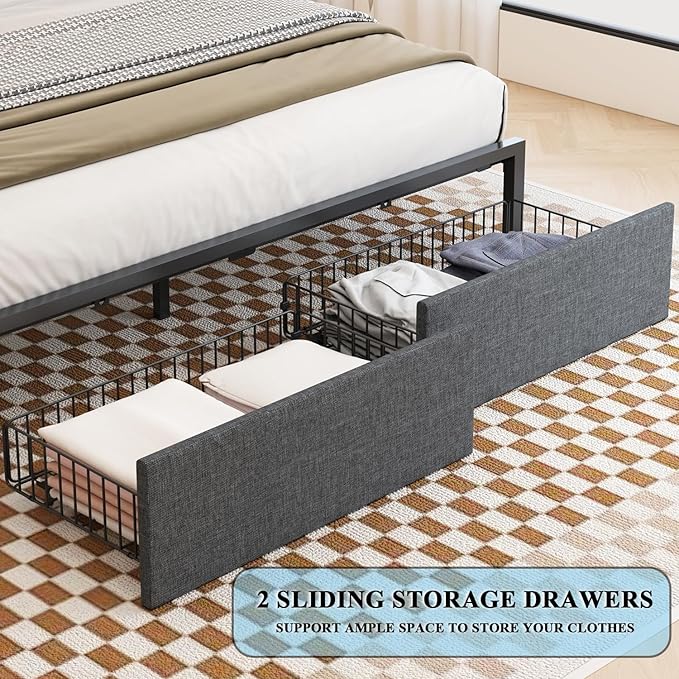 LED Bed Frame Full Size with Bookshelf Headboard, 2 Hidden Storage Drawers, Upholstered Platform Metal Bed Frame with Charging Station, Metal Slats Support, Noise Free, No Box Spring Needed