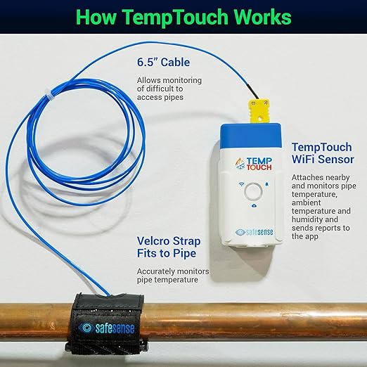 SafeSense TempTouch WiFi Pipe Clamp Temperature & Humidity Sensor – Smart Thermometer for Plumbing, HVAC, Ambient Monitoring – App-Controlled Wireless Temp Sensor with Velcro Pipe Strap