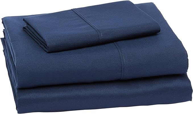 Amazon Basics Lightweight Super Soft Easy Care Wrinkle Free Microfiber 3 Piece Bed Sheet Set with 14-Inch Deep Pockets, Twin, Navy Blue, Solid, Kids, Men & Women Bedding
