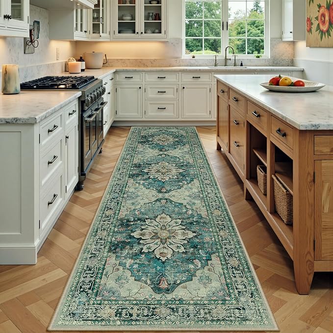 Area Rugs 3'x9' Washable Non-Slip, Floral Vintage Distress Print Pattern Medallion Carpet for Living Room Bedroom Dining Room, Dark Blue Vintage